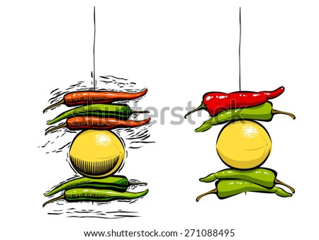 Lemon and chili tied together - An Indian symbol used in household as prevention from evil eye. Vector