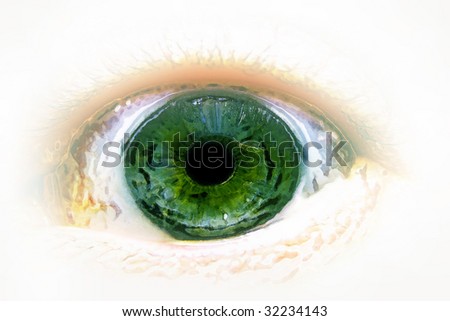 A green eye over faded white background