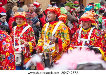 COLOGNE, GERMANY - February 16th, 2015: People celebrating shrove monday procession in Cologne, Germany. The theme has been \