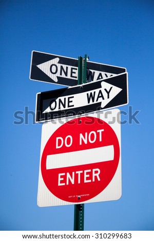 NEW YORK CITY, USA - SEPTEMBER, 2014: One way road sign in the United States
