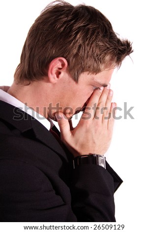 A stressed employee in front of white background