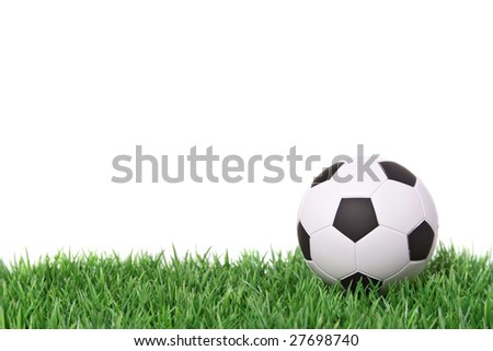 A fine green meadow with a soccer ball on it. All on white background.