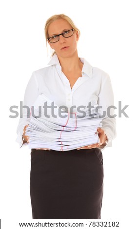 Frustrated employee got a lot of work to do. All on white background.