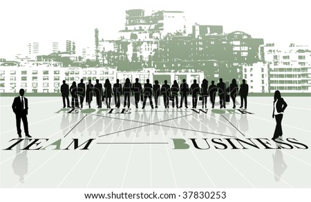 Illustration of business people and city