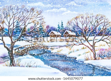 Watercolor painting: russian winter village landscape with river and wooden bridge