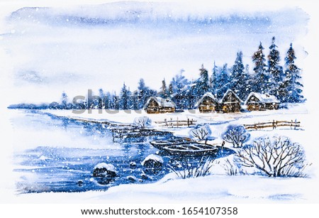 Watercolor painting: Winter village landscape with boats on frozen river 
