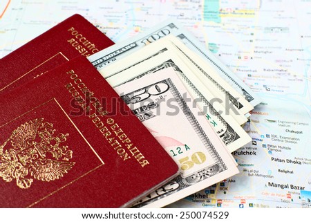 Russian passports and Kathmandu city map