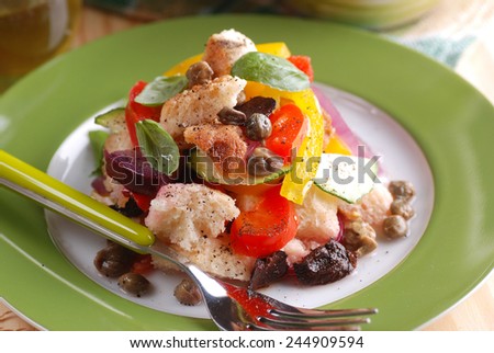 panzanella - traditional Italian salad with peppers, stale bread, cucumbers, olives and capers