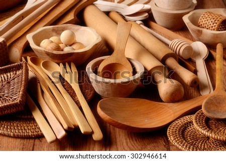 Kitchenware made of wood on the table