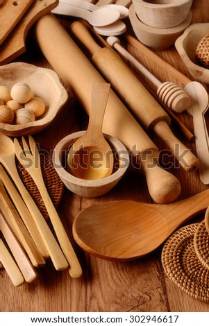 Kitchenware made of wood on the table