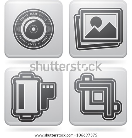 Photography tools & equipment icons set, pictured here from left to right:  Camera lens, Pictures, Photo icon, Film strip, Camera film, Crop Tool.