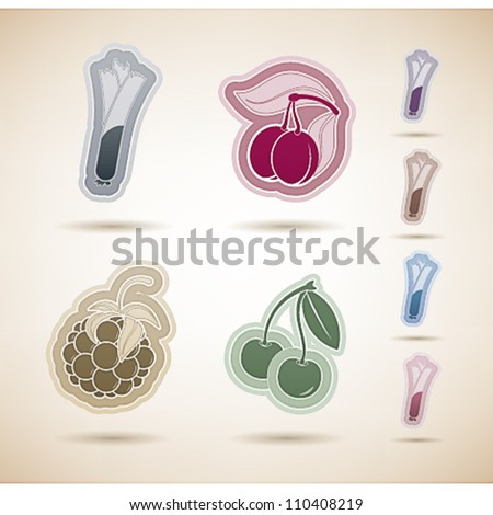Healthy food - fruits and vegetables icons set, from left to right, top to bottom:  Leek, Plums, Raspberry, Cherries.