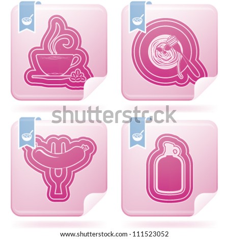 Food & drinks icons set, from left to right, top to bottom: Coffee cup, Pasta plate, Sausage, Bottle of wine.