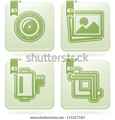 Photography tools & equipment icons set, pictured here from left to right, top to bottom:  Camera lens, Pictures, Photo icon, Film strip, Camera film, Crop Tool.
