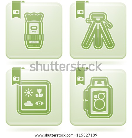 Photography tools & equipment icons set, pictured here from left to right, top to bottom:  Camera lens, Tripod, Camera predefined program icons, Old fashion camera.