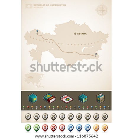 Kazakhstan and Asia maps, plus extra set of isometric icons & cartography symbols set