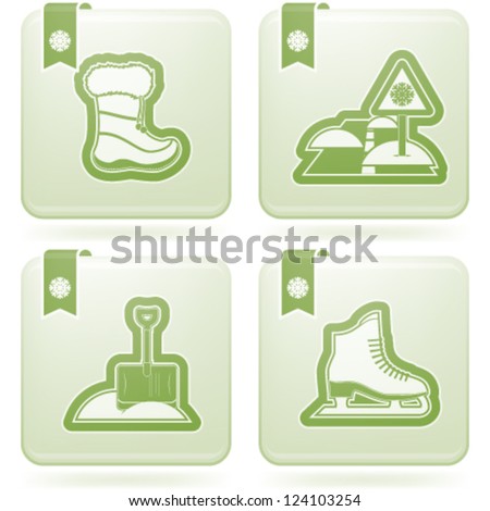 All things (objects) which are related to a winter time. Pictured here left to right, top to bottom: Winter shoes, Road and snow, Snow shovel, Skates.