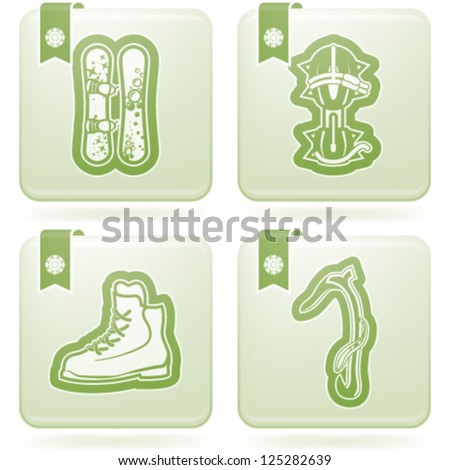 4 icons (objects) to show different kind of winter sports. Pictured here left to right, top to bottom:  Snowboard, Crampons, Mountaineering shoes, Ice Axe.