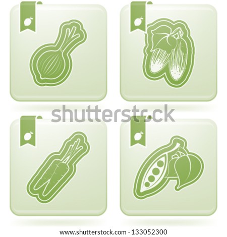 Healthy food - fruits and vegetables icons set, from left to right, top to bottom:  Onion, Cucumber, Carrot, Bean.