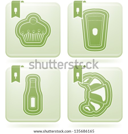 Food & drinks icons set, pictured here from left to right, top to bottom:   Muffin, Pint (beer), Ketchup bottle, Croissant.