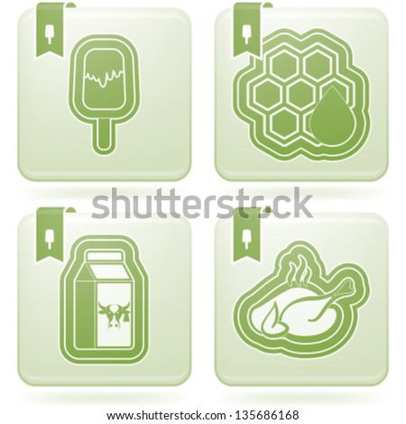 Food & drinks icons set, pictured here from left to right, top to bottom:   Ice cream, Honeycomb, Milk box, Baked chicken.
