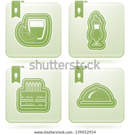 Food & drinks icons set, pictured here from left to right, top to bottom:   Orange juice, Cappuccino coffee, Birthday cake, Silver platter.