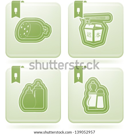 Food & drinks icons set, pictured here from left to right, top to bottom:   Sausage, Chinese food, Ketchup & mustard, Salt cellar & paper cellar.