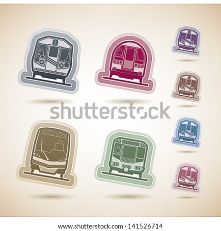 Public transport - various land vehicles, pictured here from left to right, top to bottom:  Subway train, Old fashion subway train, Modern subway train, Subway train.