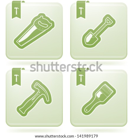 Heavy industry theme: Construction site tools, pictured here from left to right, top to bottom: Hand saw, Shovel (Spade), Hammer, Paintbrush.