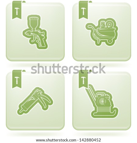 Heavy industry theme: Construction site tools, pictured here from left to right, top to bottom: Spray painting, Compressor, Silicone squeezer, Compactor.