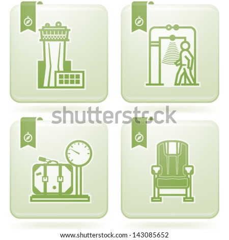 All icons in relation to summer vacation time, pictured here from left to right, top to bottom: Air traffic control tower, Security scanner, Scale, Plane seat.