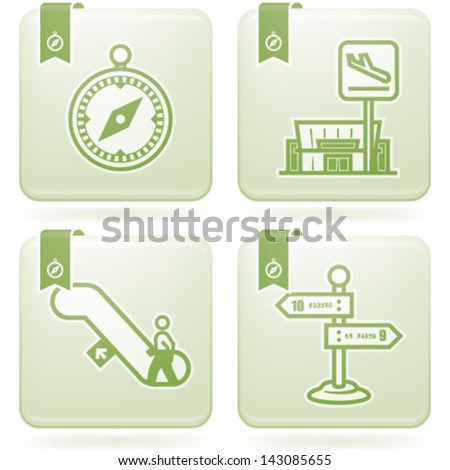 All icons in relation to summer vacation time, pictured here from left to right, top to bottom: Compass, Departure, Escalators, Signpost.