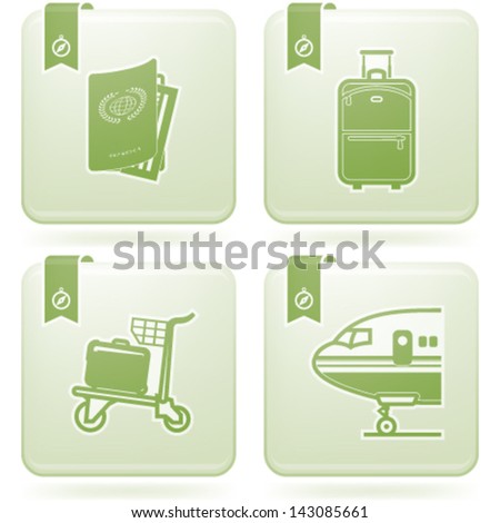 All icons in relation to summer vacation time, pictured here from left to right, top to bottom: Passport, Suitcase (Luggage), Luggage cart, Airplane.