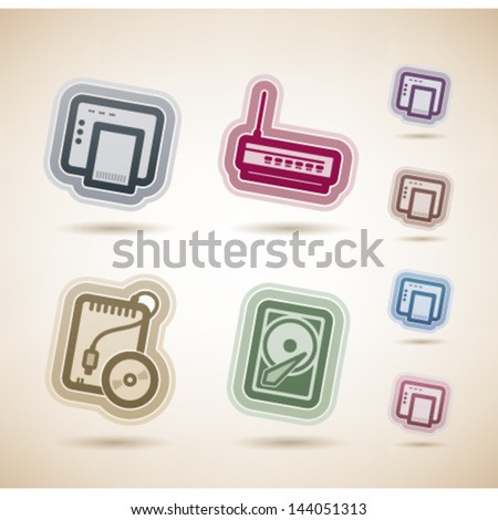 Computer parts and accessories, pictured here from left to right, top to bottom:   ADSL modem, Wi-Fi Router, Portable CD-ROM Drive, Internal Hard Disk Drive.