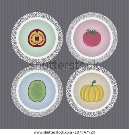 Healthy food - fruits and vegetables icons set, from left to right, top to bottom -  Passiflora edulis (passion fruit), Tomato, Actinidia (kiwi fruit), Pumpkin.
