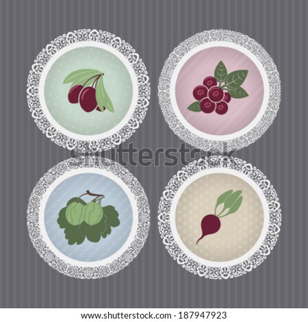 Healthy food - fruits and vegetables icons set, from left to right, top to bottom -  Olives, Cranberry (Vaccinium), Gooseberry, Beet.