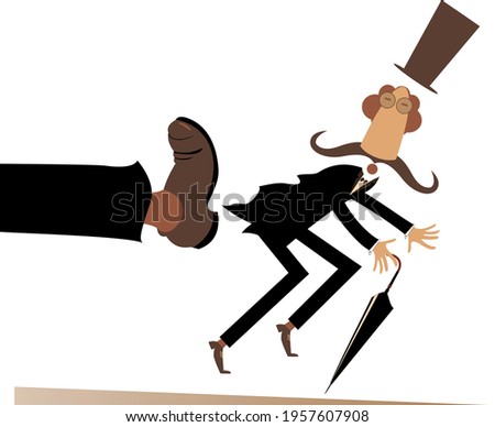 Leg in boot kicks a man to the ass illustration.
Long mustache man in the top hat with umbrella has been given a kick to the ass isolated on white
