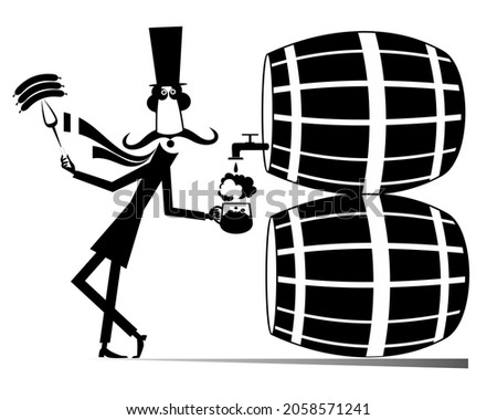 Cartoon man, sausages and big tuns of beer illustration. 
Funny long mustache man in the top hat holds a fork with sausages and pours beer from the tun into the beer mug black on white
 Stock foto © 