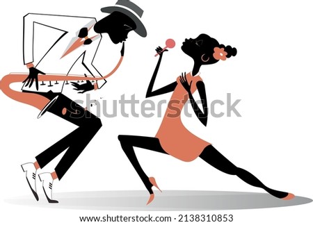 African saxophonist man and singer woman illustration.
African man plays saxophone and African singer woman sings to microphone with great inspiration
