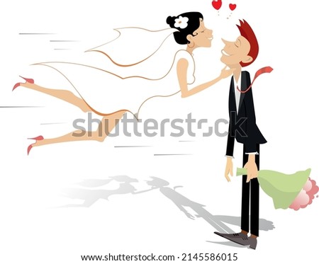 Married wedding couple illustration. 
Heart symbols. Pretty woman in the white dress and wedding veil in love rushes to kiss a bridegroom with bunch of flowers at his hand isolated on white background Photo stock © 