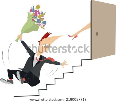 Love couple quarrel and fighting. 
Man with a flowers is given a kick to the ass the woman leg outside the open door and falls down the stairs
