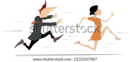 Running couple. Young woman runs away from the angry man. 
Upset man trying to catch up a runaway woman.  Isolated on white
