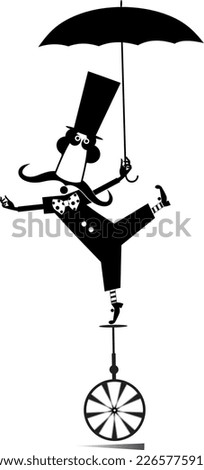 Funny man in the top hat balances on the unicycle. 
Cartoon man in the top hat with umbrella balances on the unicycle. Black and white illustration

