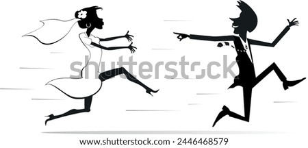 Upset bride trying to catch up a runaway bridegroom. Running bridegroom looks back and points a finger to the bride trying to catch him. Black and white illustration