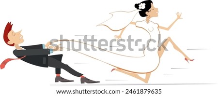 Married wedding couple. Bride runs away from the bridegroom. 
Upset bridegroom trying to catch up a runaway bride
