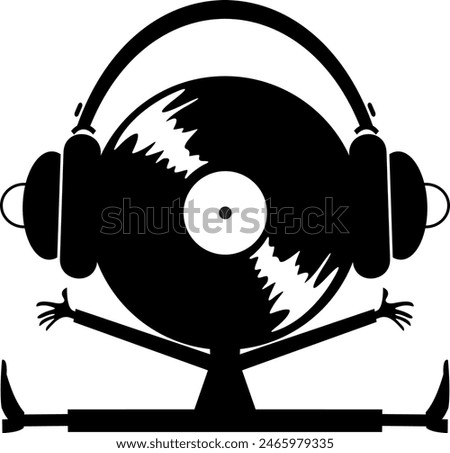 Cartoon long play record with headphones. 
Cartoon long play record in headphones. Original black and white illustration
