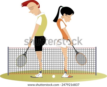 Tennis court. Quarrel between players. 
Upset young man and woman standing back to back with down hands on the tennis court
