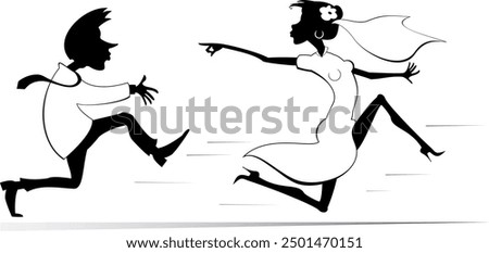 Married wedding couple. Bride runs away from the bridegroom. 
Upset bridegroom trying to catch up a runaway bride. Running bride looks back and points a finger to the bridegroom trying to catch her
