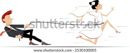 Married wedding couple. Bride runs away from the bridegroom. 
Upset bridegroom trying to catch a runaway bride with a rope
