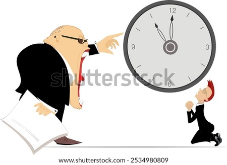 Angry boss and employee man. Time concept. Deadline.
Angry chief points to the clock and scolds an employee staying on the knees. Business time concept
